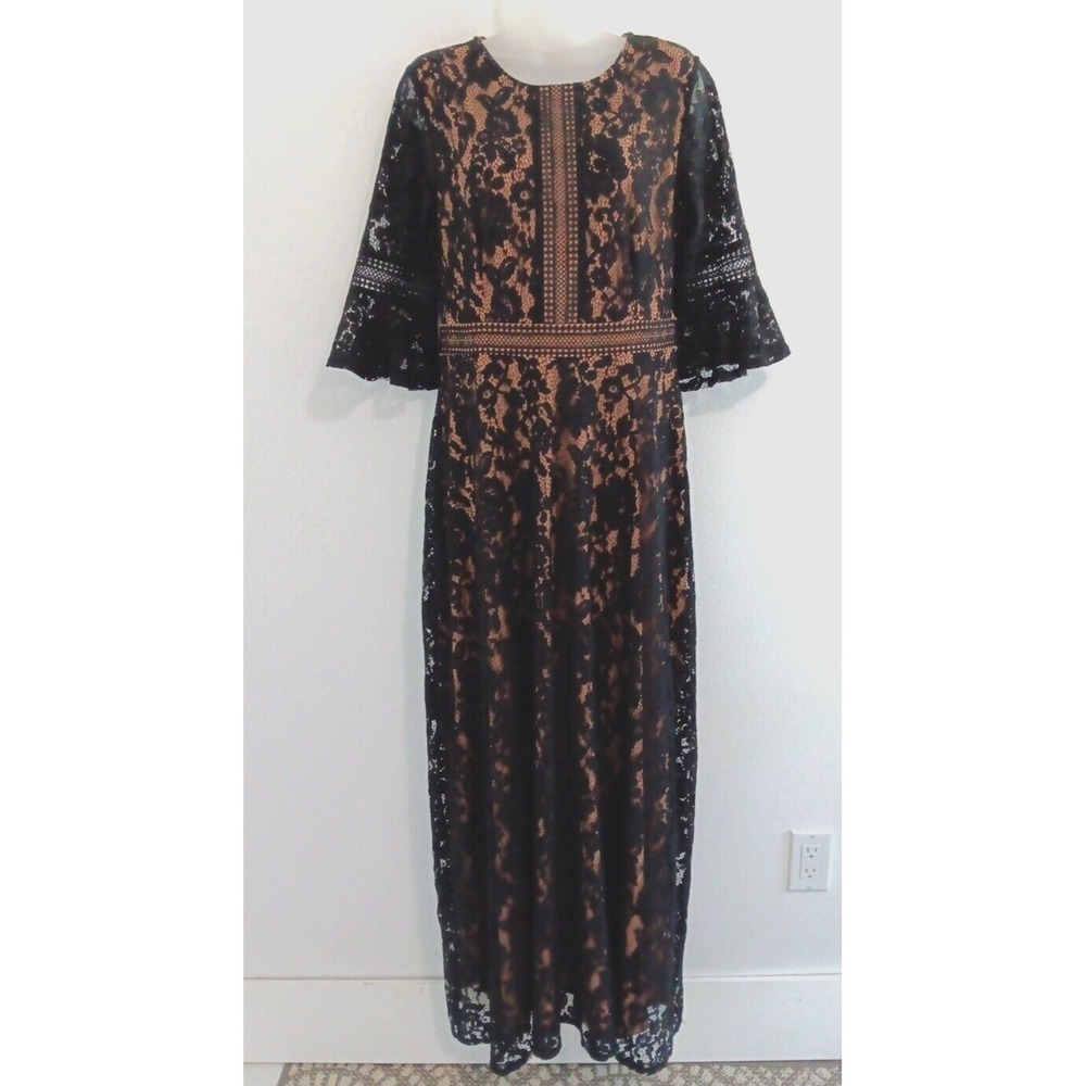 BOHO Maxi Dress Womens Large Black Lace over Beige‎ Bell Sleeve Coastal Romantic